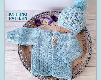 Baby Cardigan and bobble Hat Knitting PATTERN 0-6 months, baby sweater pattern worsted aran yarn, faux cable baby jumper knitting pattern