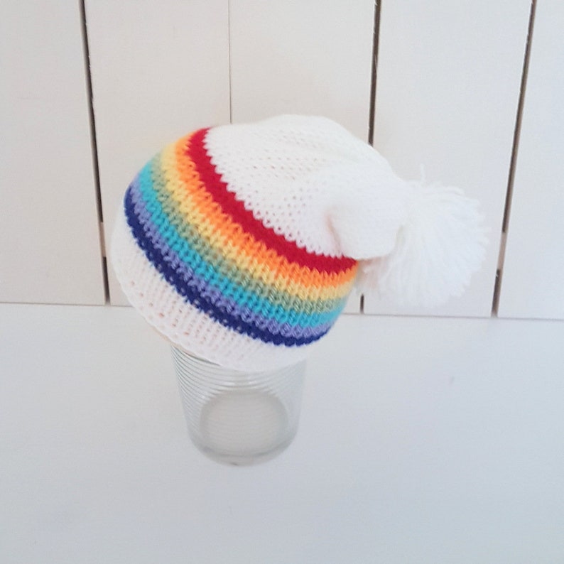 READY Rainbow Baby hat white bobble pom unisex baby hat Rainbow bobble slouchy Baby Beanie 6-9 months