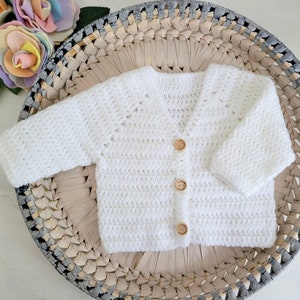 0-3 month White Crochet Cardigan and booties outfit, Ready to Send Gift for baby, White knitted baby jumper, Baby Sweater, Baby shower gift image 4