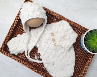 3-6 month Cream Romper & Bonnet set, gift for baby, Knitted Baby boy girl Baptism Christening outfit, Baby Jumper set, Baby Sweater and hat