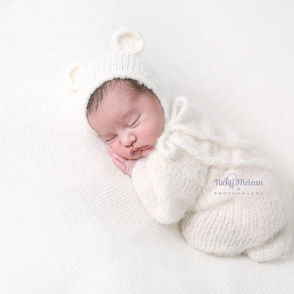 Newborn footed romper photography prop outfit, classic bonnet, bear bonnet, sleeper cap, knit wrap,  footless pajama suit for photo shoots.