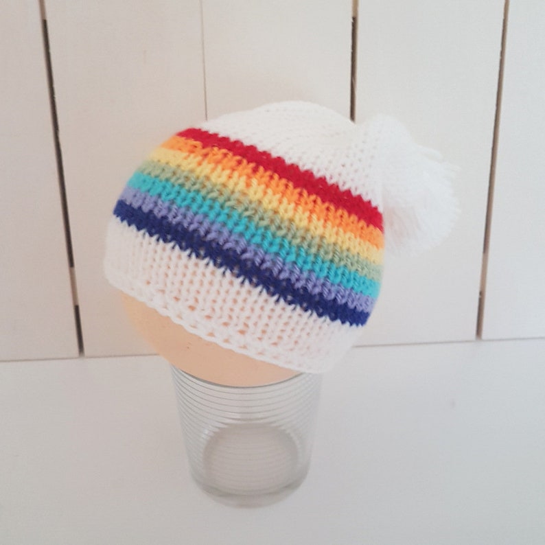 READY Rainbow Baby hat white bobble pom unisex baby hat Rainbow bobble slouchy Baby Beanie 6-9 months