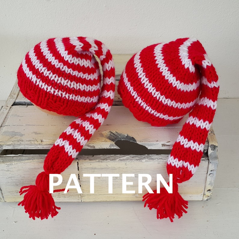 Striped Baby elf hat Knitting PATTERN, newborn baby longtail beanie pattern, photography prop knitting pattern PDF, Newborn prop hat pattern image 1