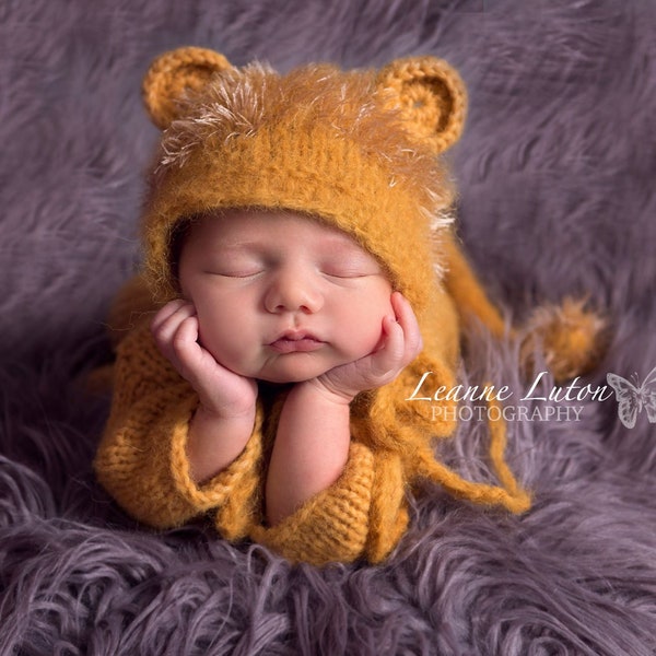 Handmade Baby lion bonnet with fuzzy mane, knitted newborn lion cub costume hat,  newborn photo prop