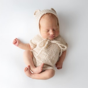 Mameluco para recién nacido de 0 a 3 meses con mangas cortas y gorro de osito, conjunto para volver a casa en el hospital, regalo de baby shower, conjunto de accesorios para fotografías, ropa de bebé de punto.