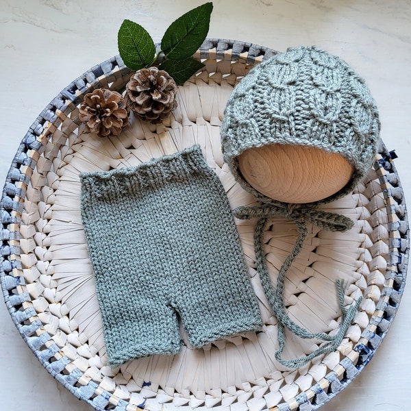 RTS Sage shorts & bonnet for a newborn photo shoot, baby boy photography prop outfit, knitted grey green newborn pants and hat ready to send