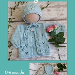 0-6 month Easy Baby Cardigan and Bonnet Knitting PATTERN PDF, Baby Girl lacy jumper, Worsted Aran yarn sweater pattern, Knitting for baby. image 2