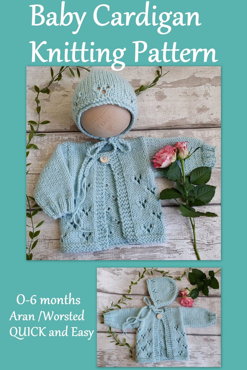 0-6 month Easy Baby Cardigan and Bonnet Knitting PATTERN PDF, Baby Girl lacy jumper, Worsted Aran yarn sweater pattern, Knitting for baby. image 2