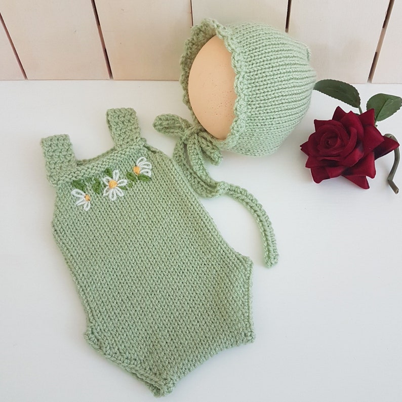 knit newborn playsuit with matching green bonnet READY Summer baby romper outfit mint knitted baby girl shower gift set idea