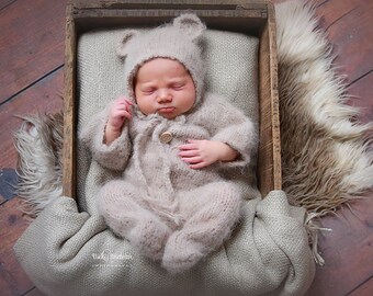 Baby Bear footed jammies overalls 0-9 months sizes, knit alpaca bear pajama photo prop outfit, Newborn and Sitter Size footed bear costume.