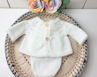 Newborn White cardigan, 0 - 2 month handknit baby jumper in white with eyelet pattern, hospital coming home sweater, premature baby cardigan