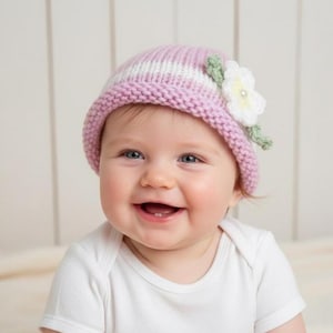 Baby Girl Beanie Knitting Pattern: Roll Brim, Crochet Flower (0-12 Months) (PDF Pattern)