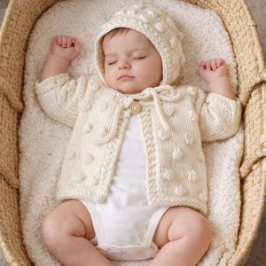 Baby Cardigan and Bonnet Knitting Pattern: Aran Popcorn Bubble Set (PDF Pattern 0-6 Months)