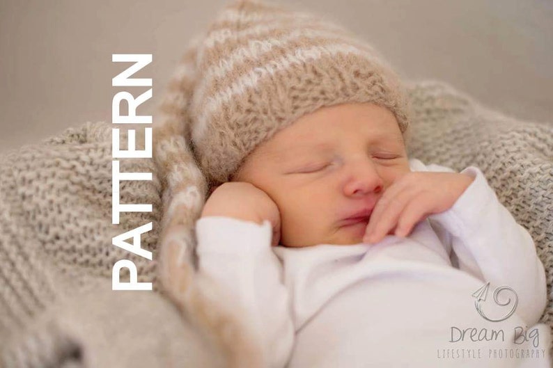 Striped Baby elf hat Knitting PATTERN, newborn baby longtail beanie pattern, photography prop knitting pattern PDF, Newborn prop hat pattern image 2