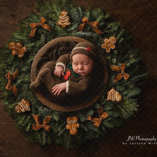 Déguisement photo bébé bonhomme en pain d'épice, tenue de Noël pour nouveau-né, premier Noël de bébé pyjama avec pieds tricoté à la main