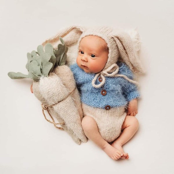 Baby Bunny Photo prop kostuum voor pasgeboren babyjongens of meisjes, Roze of Blauw gebreide Paasmuts en Jas Romper set, Baby shower cadeau