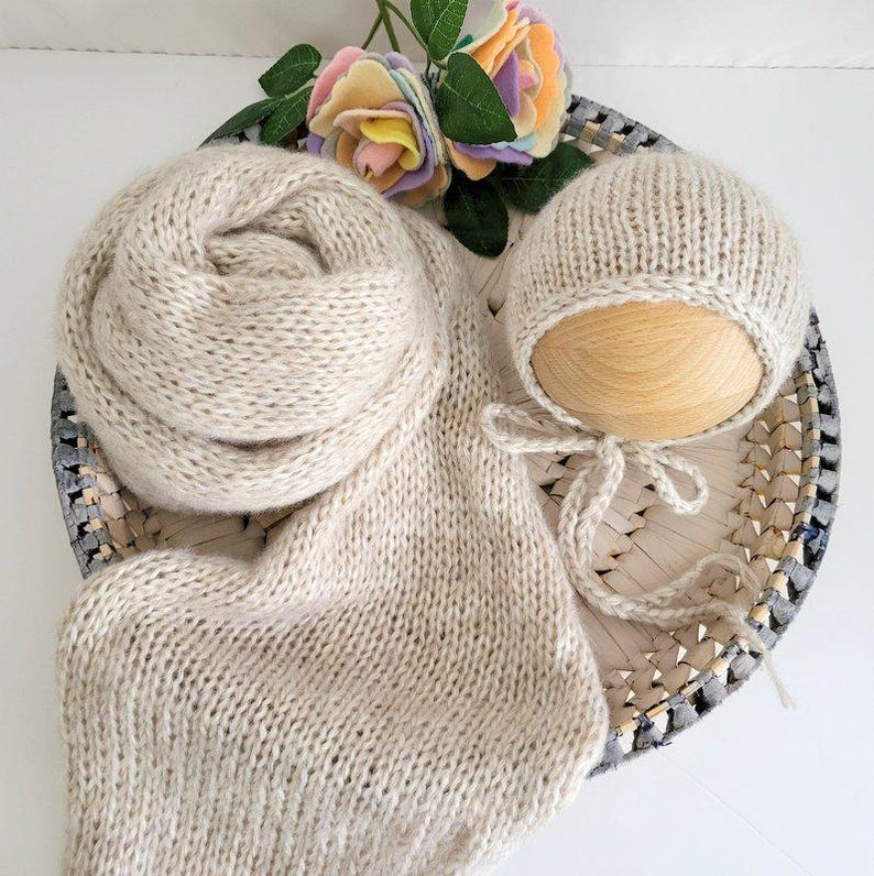 Newborn Photo Prop Set: Knit Alpaca Wrap & Bonnet, Three Hat Options - Etsy
