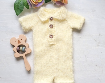 RTS Cream Newborn Romper, handmade knitted Baby Boy romper with collar, soft and fluffy knit boy photography prop outfit, ready to send prop