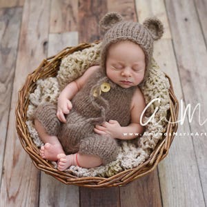 Atuendo para fotografía de osito de punto, gorro o gorro de alpaca para recién nacidos y mono tipo peto, regalo para bebé de 0 a 6 meses