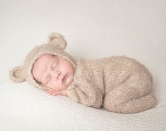 Baby Bear footed jammies overalls 0-9 months sizes, knit alpaca bear pajama photo prop outfit, Newborn and Sitter Size footed bear costume.