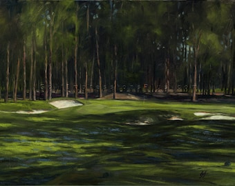 May include: A painting of a golf course with a green fairway and a sand trap in the background. The fairway is surrounded by tall trees. The painting is done in a realistic style with a focus on the details of the course.