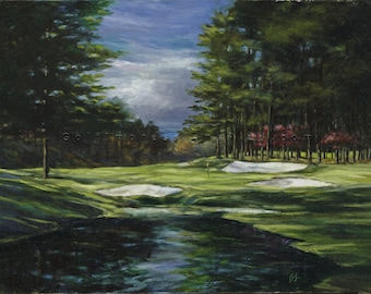 May include: A painting of a golf course with a pond in the foreground. The course is green and there are trees in the background. The sky is blue and cloudy.