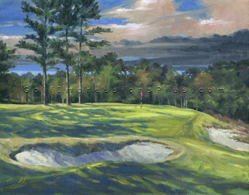 May include: A painting of a golf course with a green putting green, a sand trap, and a flag in the distance. The green is surrounded by trees and a body of water. The sky is blue with white clouds.