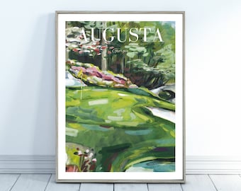 May include: A framed print of a painting depicting a green golf course with a flag in the distance. The painting is titled "Augusta, Georgia".
