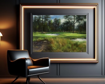 May include: A framed painting of a green grassy field with trees in the background. The painting is in a gold frame and is hanging on a dark wall.