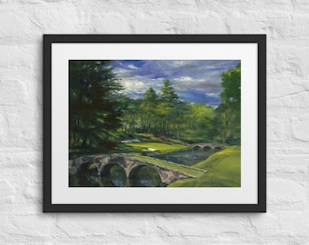 May include: A painting of a golf course with a stone bridge over a stream. The course is surrounded by trees and the sky is cloudy.