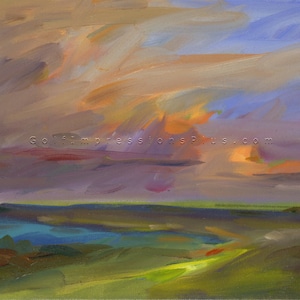 Könnte beinhalten: Abstrakte Malerei einer Landschaft mit einem violetten, orangefarbenen und blauen Himmel. Der Horizont ist eine dunkelgrüne Linie mit einem kleinen Gewässer im Vordergrund. Der Text "Go.fImpressionsPlus.com" ist im oberen mittleren Bereich des Gemäldes sichtbar.