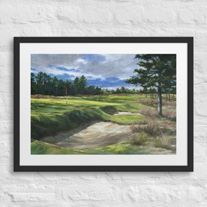 May include: A painting of a golf course with a green fairway, a sand trap, and a red flag in the distance. The sky is cloudy and there are trees in the background.