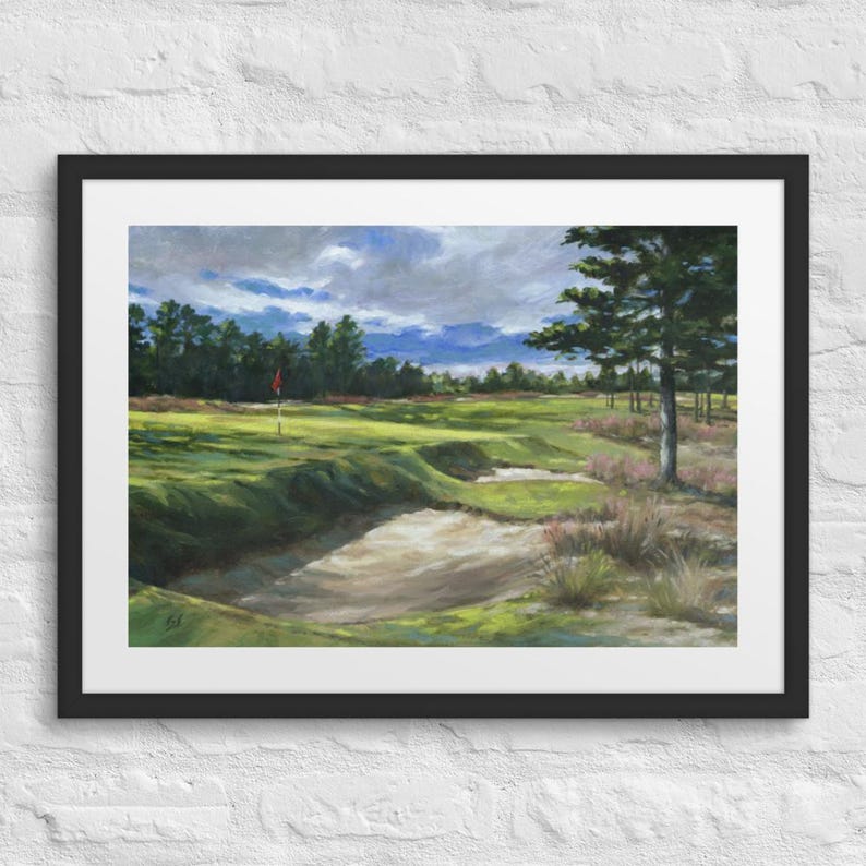 May include: A painting of a golf course with a green fairway, a sand trap, and a red flag in the distance. The sky is cloudy and there are trees in the background.