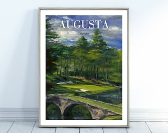 May include: A painting of a golf course with a bridge over a pond. The painting is in a frame and the title "AUGUSTA Georgia" is at the top.