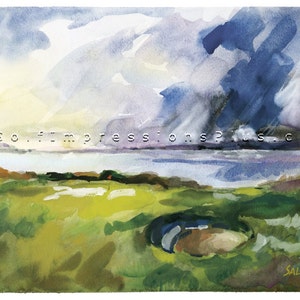 May include: A watercolor painting of a golf course with a green fairway, a sand trap, and a body of water in the background. The sky is cloudy with a hint of blue and the sun is shining through the clouds. The painting is signed "Salvato" in the lower right corner.