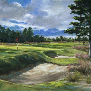 May include: A painting of a golf course with a green putting green, a red flag, and a sand trap. The green is surrounded by trees and bushes. The sky is cloudy and blue.