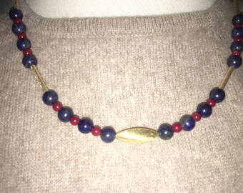 lapis lazuli chain; necklace; Chain, with lapis lazuli beads, foam coral, gold-tone hardware