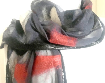 Nuno felt scarf black-red, silk scarf  chiffon silk felted in Nunotechnik, silk, merino wool, unique