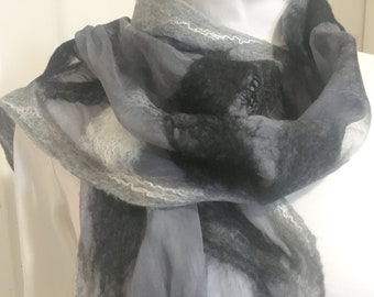 Nuno felt scarf grey-black, silk scarf  chiffon silk felted in Nunotechnik, silk, merino wool, unique