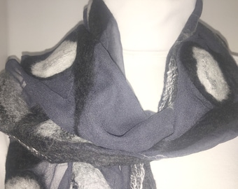 Nuno felt scarf grey-black, silk scarf  chiffon silk felted in Nunotechnik, silk, merino wool, unique