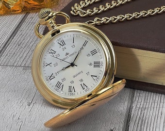 Personalised Gold Roman Numerals Pocket Watch- Pocket Watches for Men- Groomsmen Pocket Watch-Father of the Bride- Page Boy- Engraved Free