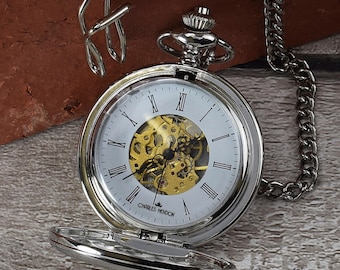 Personalized Silver Mechanical Pocket Watch, Engraved Roman Numeral Design