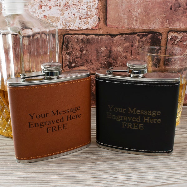 Personalised 6oz PU Leather Hip Flask - Engraved Hip Flask- Groomsmen Gift, Christmas Gifts, Wedding Favours, Flask for Men, Engraved FREE