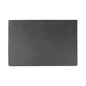 May include: A rectangular, dark grey slate serving board with a rough, textured surface. The edges are slightly uneven, giving it a natural, rustic appearance. Ideal for serving appetizers or small dishes.