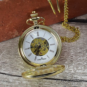 Personalised Gold Mechanical Pocket Watch- Pocket Watches for Men- Groomsmen Pocket Watch-Father of the Bride- Page Boy- Engraved Free