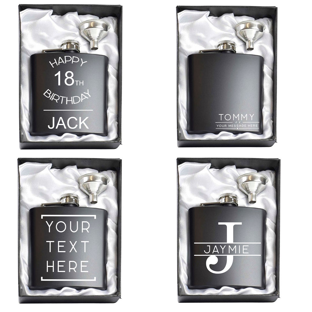 Personalised Stainless Steel 6oz Hip Flasks In A Black Lined Satin Gift Box Funnel (Design 2 - Foto 8