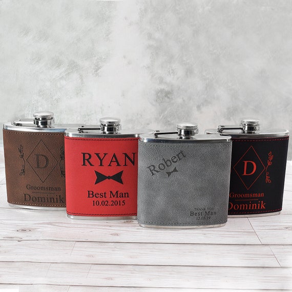 Personalised Steel PU Suede Leather Effect 6oz Hip Flask Many Designs!!