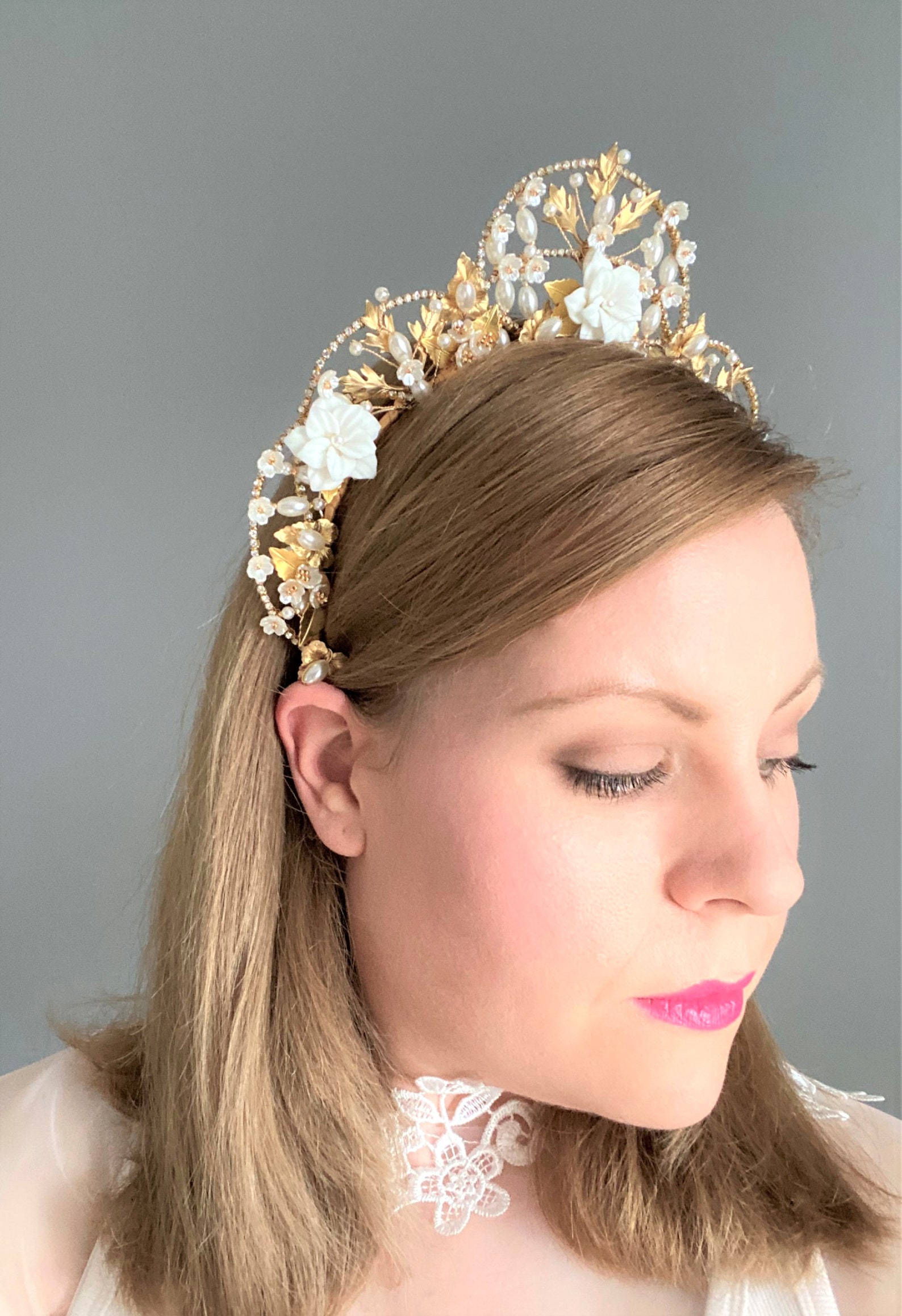 Kokoshnik Wedding Tiara Pearl Wedding Crown Gold Floral Etsy