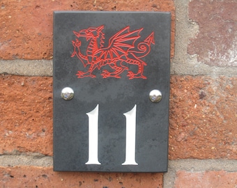 Engraved Slate House Number with hand painted engraved motif