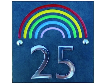 Special edition slate engraved rainbow house number with stainless steel digits ( 150mm x 150mm)